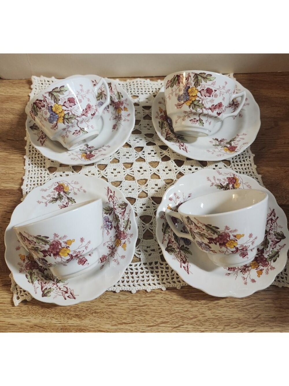 Ridgway Staffordshire English Garden Ironstone Cups & Saucers 4 Sets